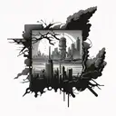 A post-apocalyptic landscape with a crumbling city skyline and radioactive wasteland, featuring a looming nuclear bomb in the background tattoo design idea