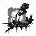 A post-apocalyptic landscape with a crumbling city skyline and radioactive wasteland, featuring a looming nuclear bomb in the background tattoo design idea