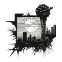 A post-apocalyptic landscape with a crumbling city skyline and radioactive wasteland, featuring a looming nuclear bomb in the background tattoo design idea