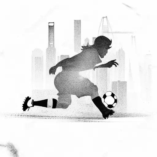 A silhouette of a scaffolder playing soccer on a Hong Kong skyline tattoo design idea