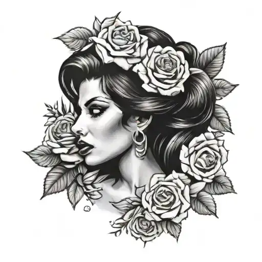 Portrait of Amy Winehouse surrounded by roses tattoo design idea