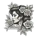 Portrait of Amy Winehouse surrounded by roses tattoo design idea