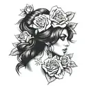 Portrait of Amy Winehouse surrounded by roses tattoo design idea