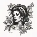 Portrait of Amy Winehouse surrounded by roses tattoo design idea