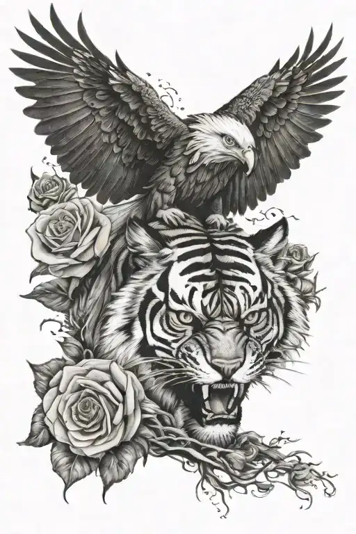 eagles wings, roses on fire tiger face surrounded tattoo design idea