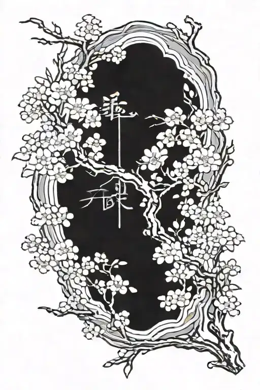 I would like to get a vertical tattoo of a Japanese legend (運命の赤い糸) with a pink cherry tree and red thread tattoo design idea