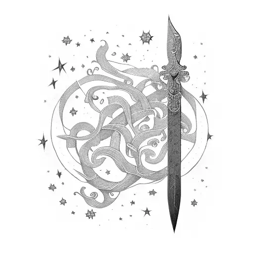 long straight sword, vines, stars tattoo design idea