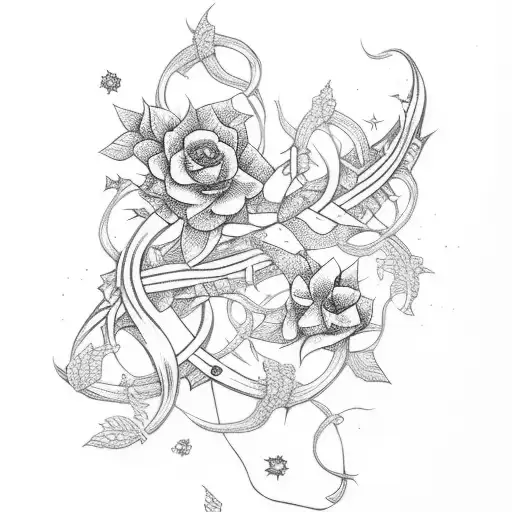 long thin sword with vines wrapped around and flowers and stars tattoo design idea