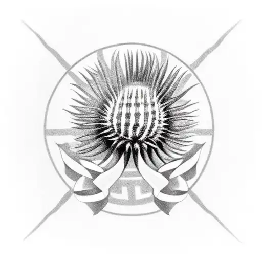 horizontal scottish thistle with ribbon wrapped round for 2 names tattoo design idea