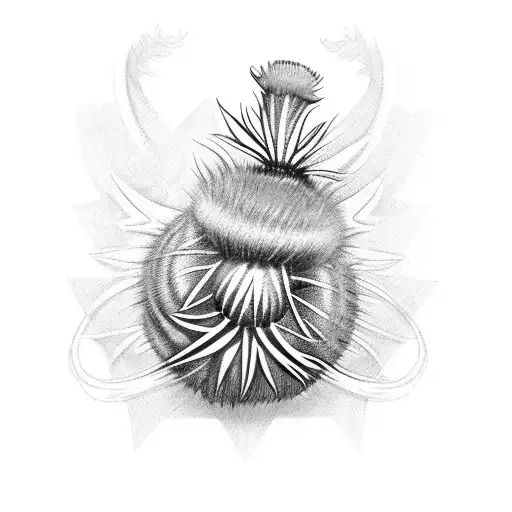horizontal scottish thistle with ribbon wrapped round for 2 names tattoo design idea