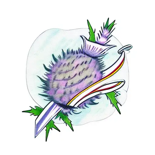 horizontal scottish thistle with ribbon wrapped round for 2 names tattoo design idea