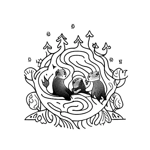 A mystical forest scene with otters playing with floating orbs tattoo design idea