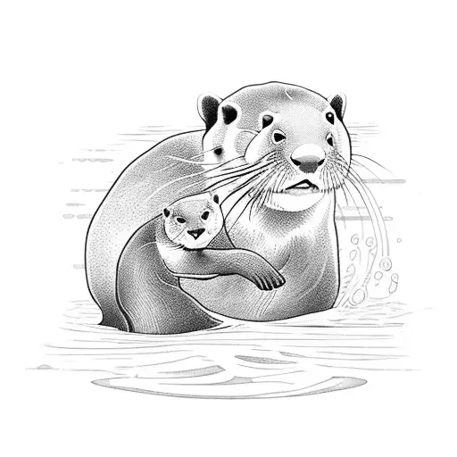 A mother otter using healing magic to tend to her playful pups by the water's edge tattoo design idea