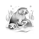 A mother otter using healing magic to tend to her playful pups by the water's edge tattoo design idea