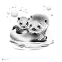 A mother otter using healing magic to tend to her playful pups by the water's edge tattoo design idea