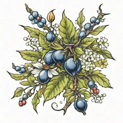 blackthorn shalalee with blackthorn berries and flowers  tattoo design idea
