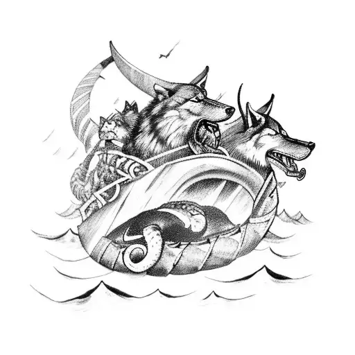 A fierce Viking ship sailing through a stormy sea with two wolves protecting it from a giant snake tattoo design idea