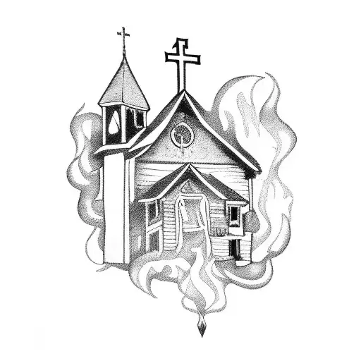 old wooden church on fire with 'god loves you, but not enough to save you' written under it tattoo design idea