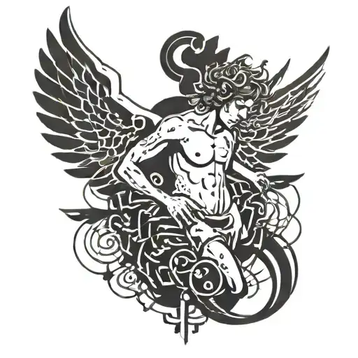 An male angelic figure with wings made out of trap music symbols, surrounded by a halo of musical notes tattoo design idea