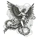 An angelic figure with wings made out of trap music symbols, surrounded by a halo of musical notes tattoo design idea