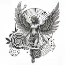 An angelic figure with wings made out of trap music symbols, surrounded by a halo of musical notes tattoo design idea