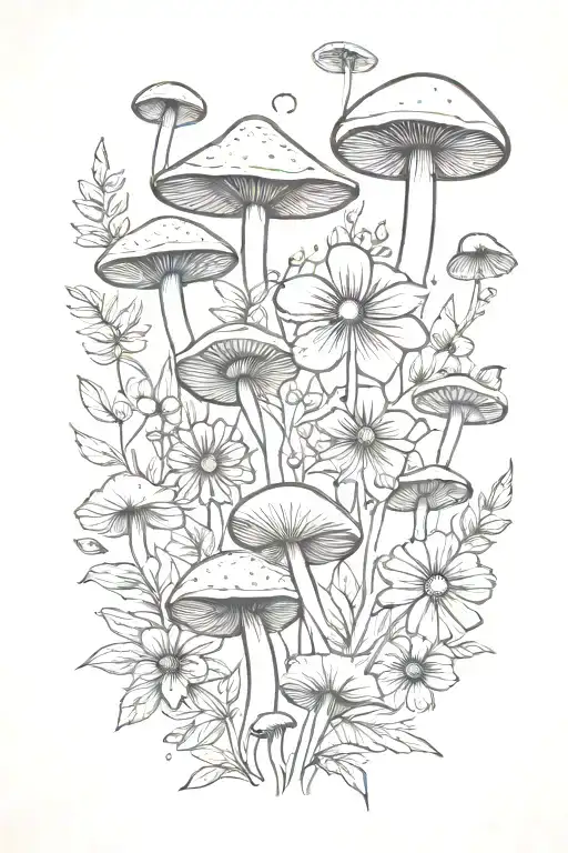 hippie inspired flowers and mushrooms   tattoo design idea