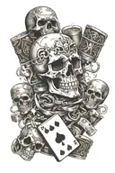 skulls smoke fire prison towers chain link barbed wire guns machine guns poker hands Ace of spades craps dice sexy women tattoo design idea