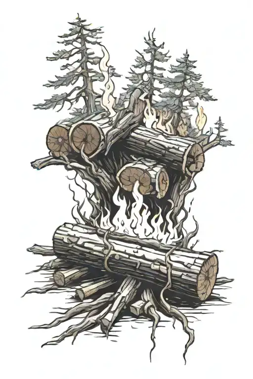 A campfire/ life Fire Graved in the 5 logs Parents, Brothers, Happiness, friends and family tattoo design idea