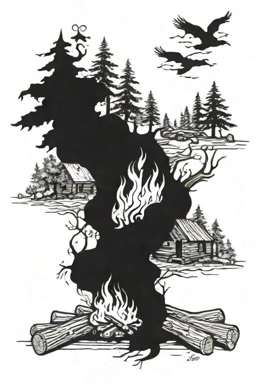 A campfire/ life Fire Graved in the 5 logs Parents, Brothers, Happiness, friends and family tattoo design idea