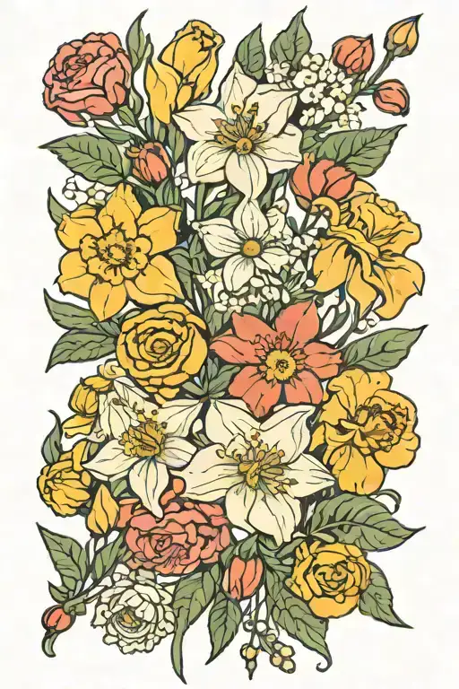 carnation, daffodil, daisy, honeysuckle, poppy, cosmos, Narcissus tattoo design idea