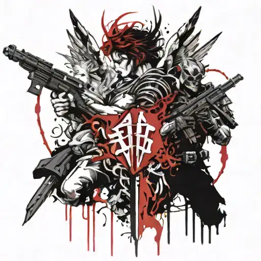 angel holding a sword and devil holding a rifle intertwined  tattoo design idea