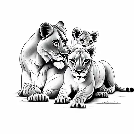 Lioness facing forward with 2 cubs tattoo design idea