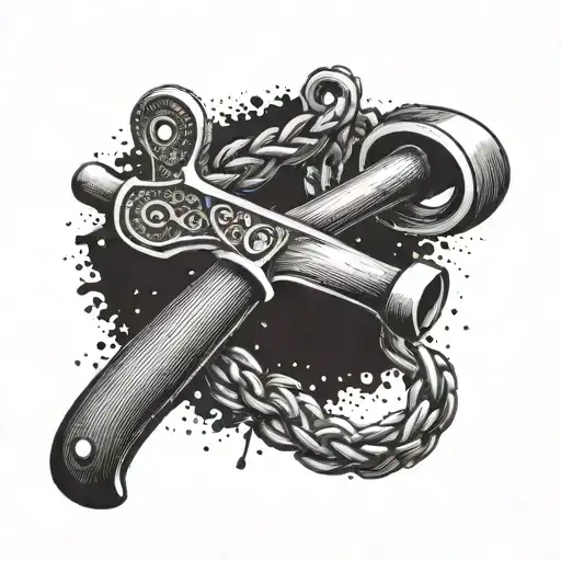 A dotwork tattoo of a carpenter's hammer and saw intertwined with fishing hooks and lures tattoo design idea