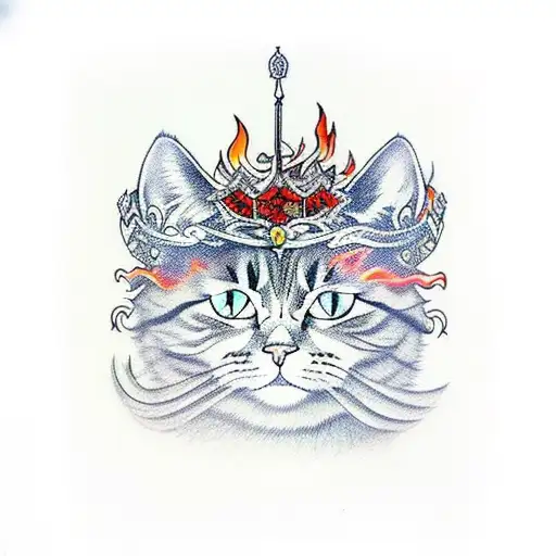 A fierce-looking cat wearing a crown of fire, surrounded by metal music symbols tattoo design idea