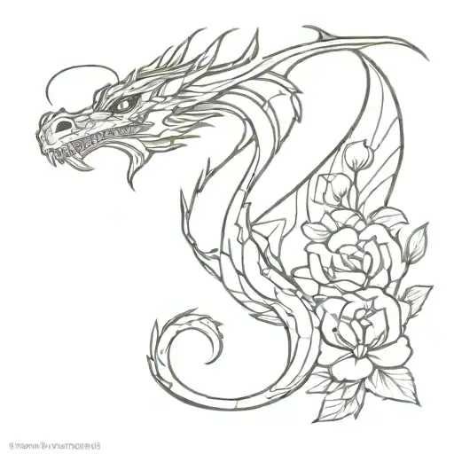simple line drawing of a dragon wrapped around flowers tattoo design idea