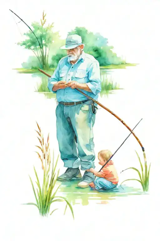  papaw and grandson fishing pond with cattails tattoo design idea