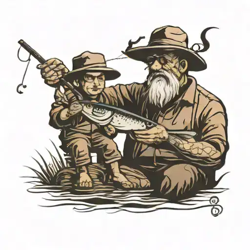 shadow figure papaw and grandson fishing tattoo design idea