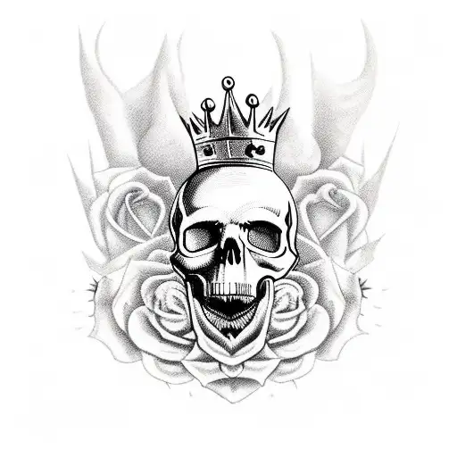 skull biting a rose, with a crown of spikes and clouds tattoo design idea