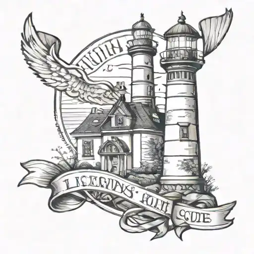 lighthouse with ribbon saying "Lights will guide you home" tattoo design idea
