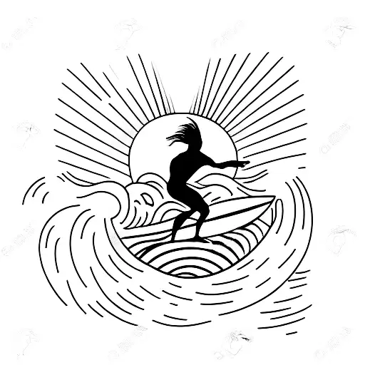 A minimalist tattoo of a surfer catching a wave at sunset tattoo design idea