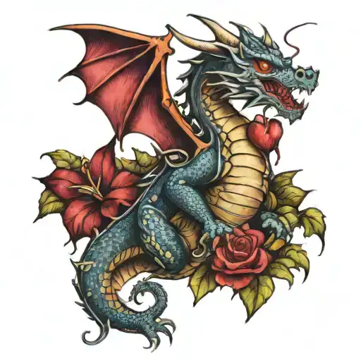 dragon with bleeding heart vine wrapping tattoo design idea
