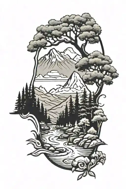 nature scene with mountains trees and a river tattoo design idea