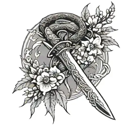 obanai iguro's sword with snake wrapped around it with wisteria in the background tattoo design idea
