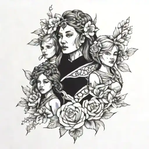 warrior women face and 2 children and flowers faire  tattoo design idea