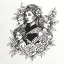 warrior women face and 2 children and flowers faire  tattoo design idea