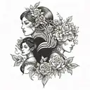 warrior women face and 2 children and flowers faire  tattoo design idea