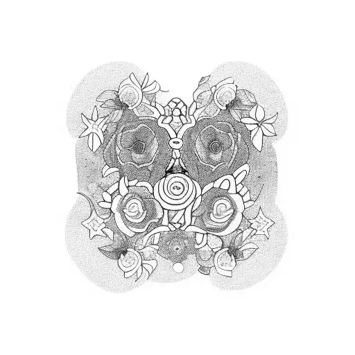 A blackwork tattoo design of a cosmic garden with flowers and animals intertwined, representing the client's love for nature and the universe tattoo design idea