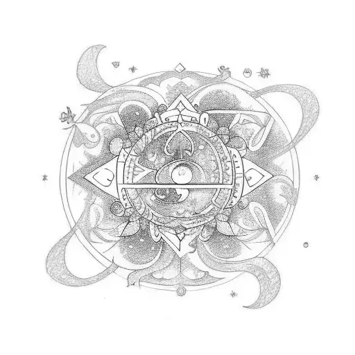 A sketch style tattoo of a Libra zodiac sign surrounded by swirling cosmos and floral elements, capturing the client's love for balance and nature tattoo design idea