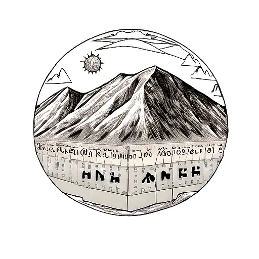 A mountain range with a chemistry periodic table design forming the peaks and a motorcycle riding towards the sun tattoo design idea