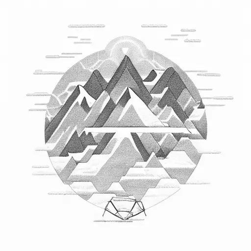 A mountain range with a chemistry periodic table design forming the peaks and a motorcycle riding towards the sun tattoo design idea